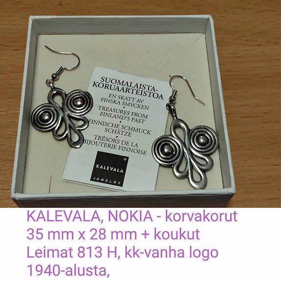 KALEVALA, NOKIA - korvakorut, hopeiset, rasia ja kk-lappunen mukaan