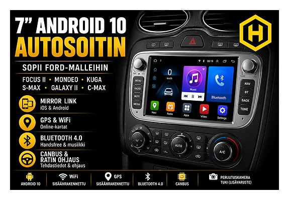 🚗 7"" Android 10 Autosoitin – GPS, WiFi, Bluetooth, CANBUS & Mirror Link (Ford)