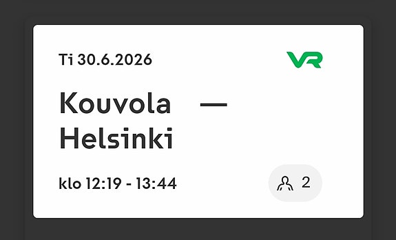 VR junalippu Kouvola – Helsinki 30.6.2026, aik+lapsi