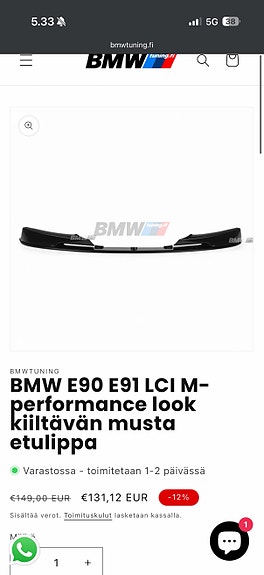 BMW E90 E91 LCI M-Performance look etupuskurin lip spoiler musta