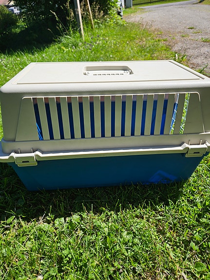 Sininen kuljetusboxi kissalle tai pienelle koiralle