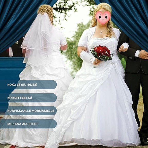 Prinsessamallinen häämekko kurvikkaalle (EU 46/48) + huntu, bolero ja alushame