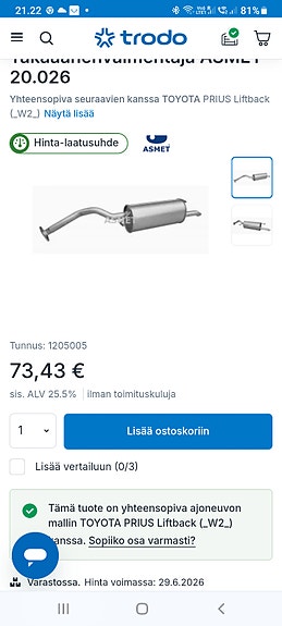 Toyota prius hybrid liftback pakoputken takavaimennin