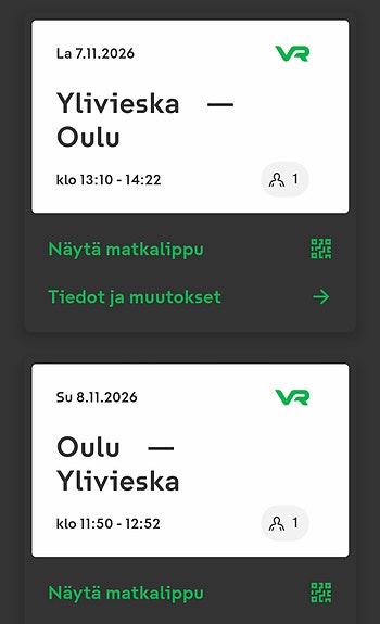 junalippuja Ylivieska-Oulu ja Oulu-Ylivieska