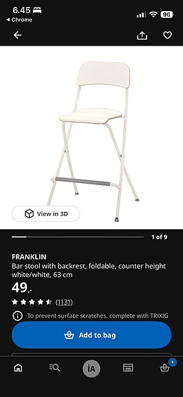 Ikea Franklin baarituoli ja korkea pöytä, valkoinen