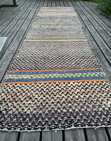 Vintage räsymatto 270 x 73 cm, perinteinen mummon kutoma