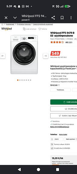 Whirlpool pyykinpesukone edestä täytettävä