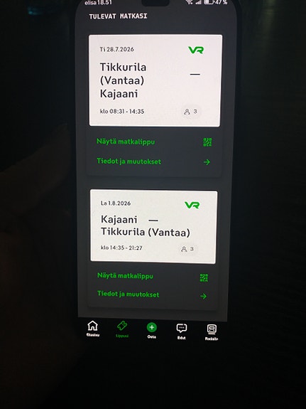 aikuinen+2xlapsi Tikkurila–Kajaani-Tikkurila 28.7.- 1.8.