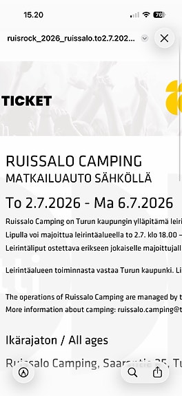 Ruissalo Camping matkailuauto sähköpaikka 2.–6.7.2026