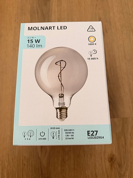 IKEA MOLNART Led-lamppu E27 140 lm, pallo harmaa lasi, 125 mm