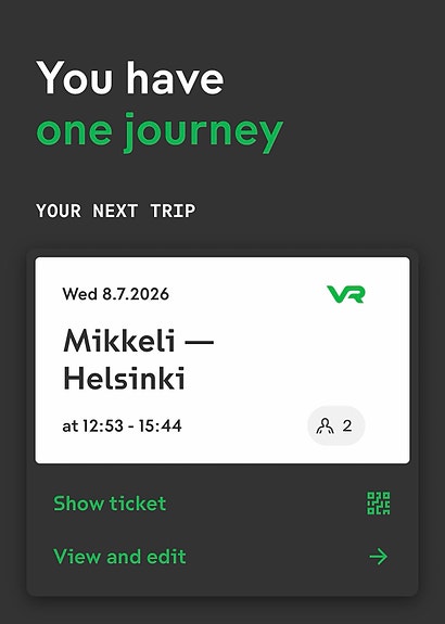 VR junaliput yksi suunta Mikkeli–Helsinki 8.7.2026 - aikuinen ja lapsi
