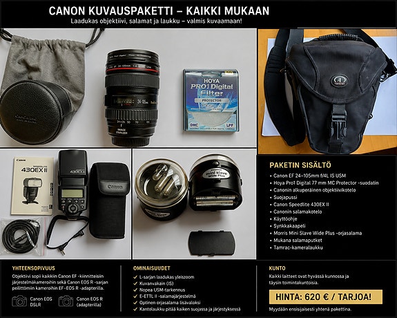 Canon-kuvauspaketti  EF 24–105mm f/4L IS USM Speedlite 430EX II + laukku