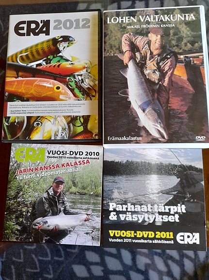4 kpl. Kalastus DVD,erä lehden vuosi-dvd 2010,2011 ja 2012 sekä lohen valtakunta
