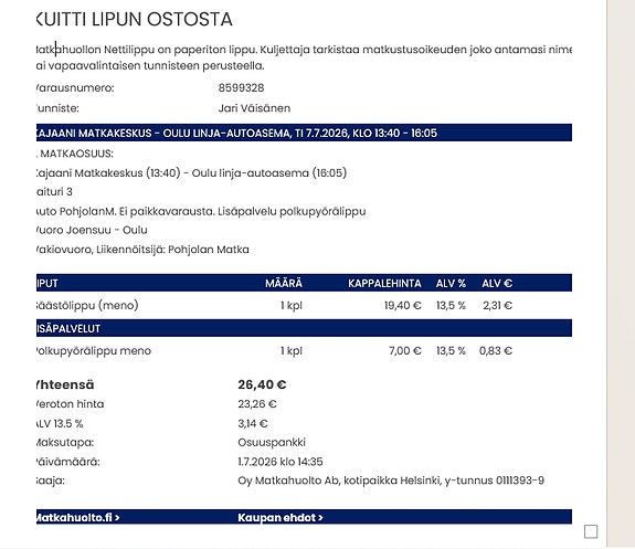 Matkalippu Kajaani-Oulu 7.7.2026 klo 13.40-16-35