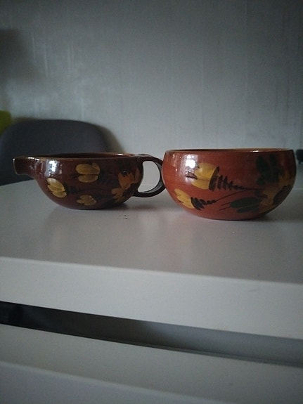 Vintage Kupittaan savi käsin maalatut kermakko/kaadin ja sokerikko