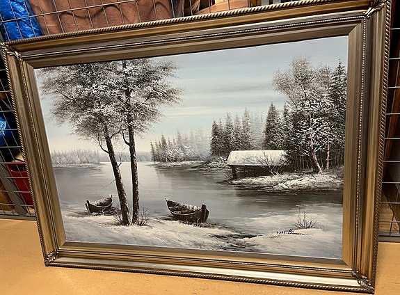 Taulu talvinen järvimaisema M. Benson, kehystetty