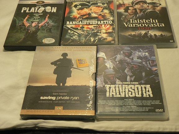 5 kpl DVD Sotaelokuvia mm. Talvisota, Platoon, Saving private Ryan