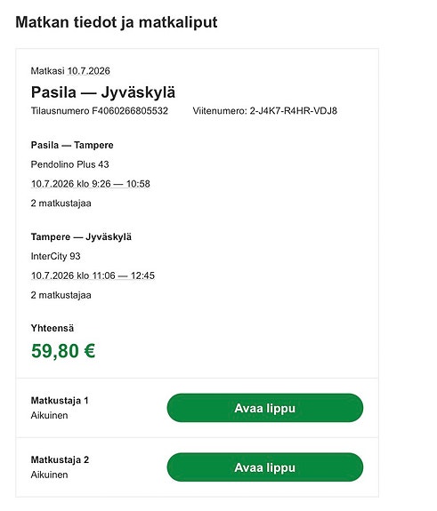Myydään junaliput 2 kpl Pasila - Jyväskylä meno-paluu