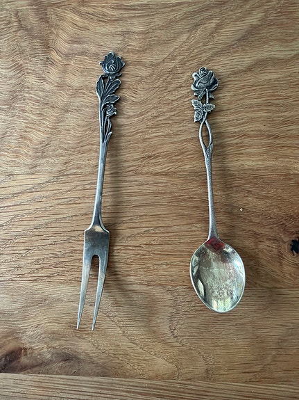 Vintage ruusulusikat 13 kpl + hopeinen tarjoiluhaarukka (813 hopea)