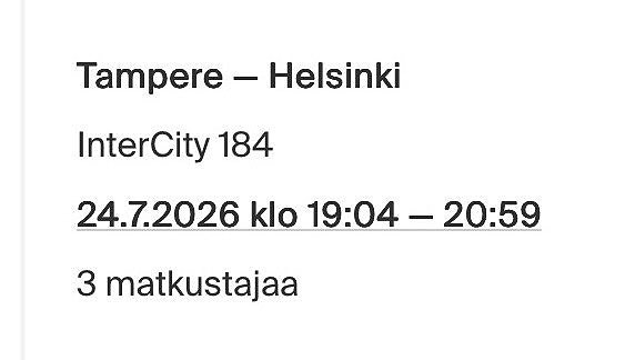 VR junalippu Tampere–Helsinki, 3 matkustajaa