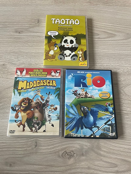 Lasten DVD-elokuvat Madagascar, Rio ja Tatino