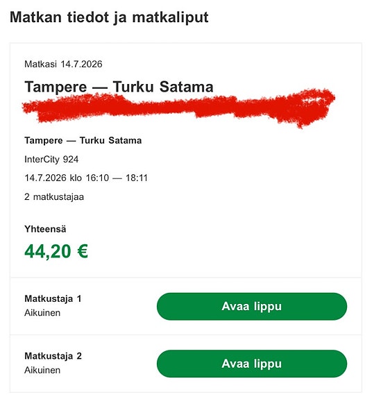 VR juna lippu Tampere – Turku Satama 14.7.2026 2 aikuista