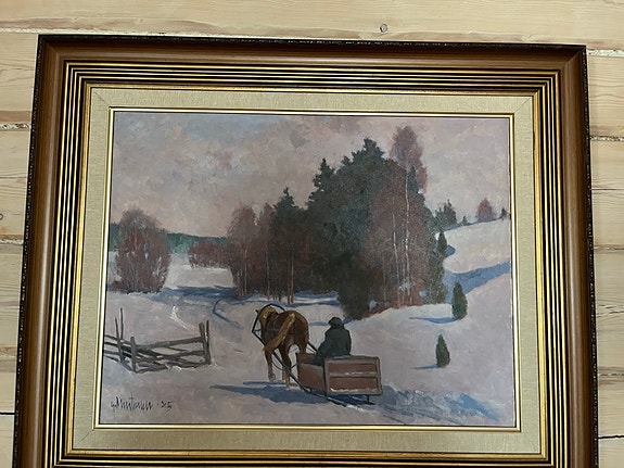 YRJÖ MUSTONEN – Hevonen ja reki talvimaisemassa (1985) iso kehystetty