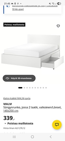 Myydään 140 cm Malm-sänky