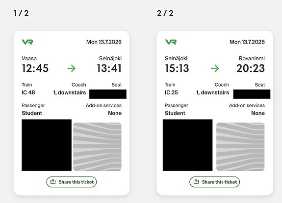 Selling a Student VR Train Ticket 2 ways Vaasa—Seinäjoki—Rovaniemi €59