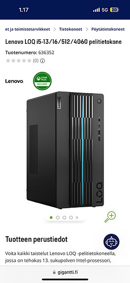 Pelitietokone Lenovo gtx 4060, i5 13500f