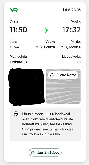 Junalippu Oulu-Helsinki 4.8. EXTRA Rento