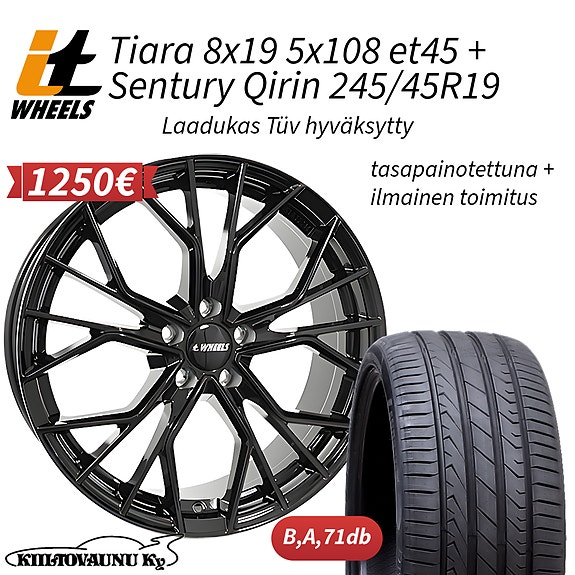 IT Wheels Tiara gloss black 8x19 5x108 et45 Sentury 245/45R19 kesärenkailla 4kpl