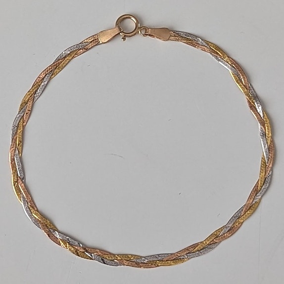 Punottu kolmivärinen ranneketju 14k kultaa