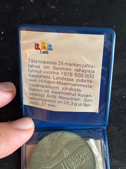 25 markkaa juhlaraha Lahti MM 1978 kotelossa