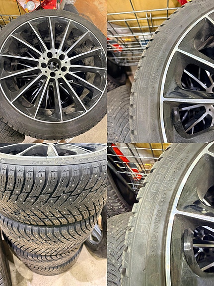 alkuperäiset Mercedeksen 20"vanteet, lähes uusilla Hakkapeliitta nastoilla