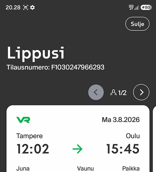 VR junalippu Oulu–Tampere–Oulu heinä–elokuu 2026