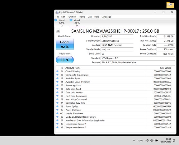 256Gb Samsung PM961 PCIe 3.0 x4 M.2 NVMe sisäinen SSD-kiintolevy