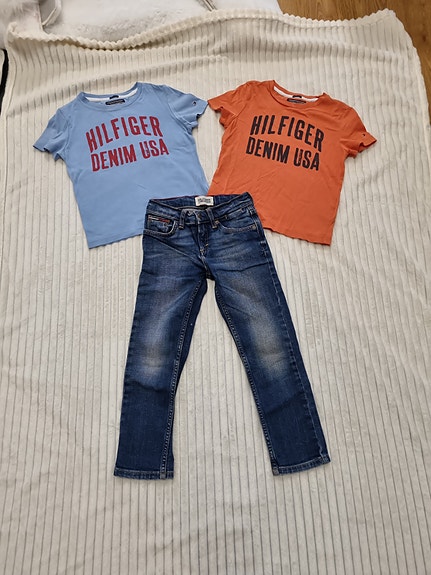Tommy Hilfiger farkut ja t-paidat koko 110 cm