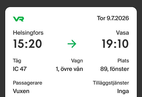 VR junalippu Helsingistä Vaasaan 9.7 15:20