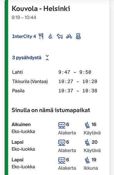 Kouvola - Helsinki 9.7. klo 9:19 -10:44