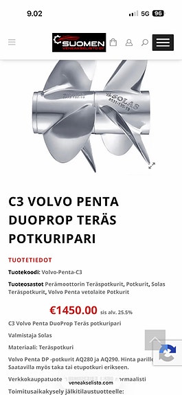 Solas C3 Volvo Penta DuoProp teräspotkuripari perämoottoriin