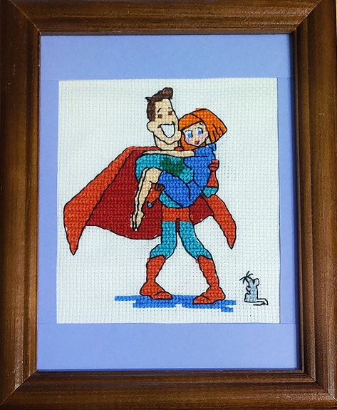 Supermies kirjonta. Käsintehty.