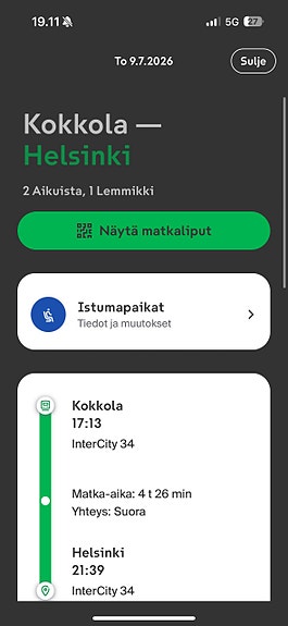 VR junalippu 9.7. Kokkola–Helsinki klo 17.13
