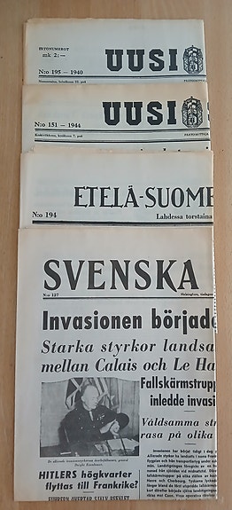 4 kappaletta Sodan lehdet -sarjassa ilmestyneitä sanomalehtiä, uustuotantoa