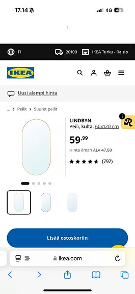 IKEA LINDBYN peili 60x120 cm kulta