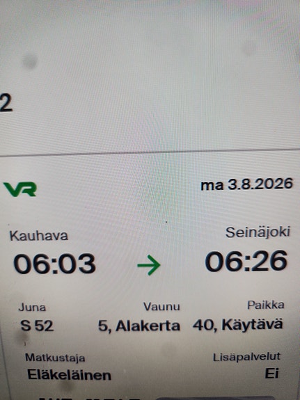 VR junaliput 2kpl Kauhava-Tampere Tampere-Kauhava