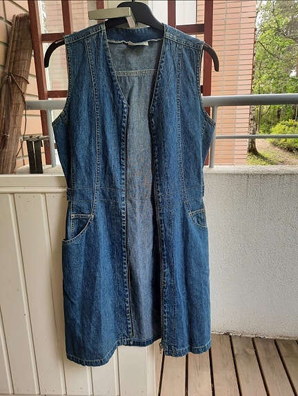 Vintage avoin pitkä farkkuliivi. 36/S. Sininen