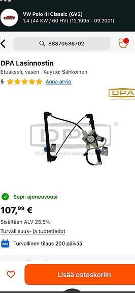 Volkswagen, VW POLO, ikkunannostinmekanismi sähköinen