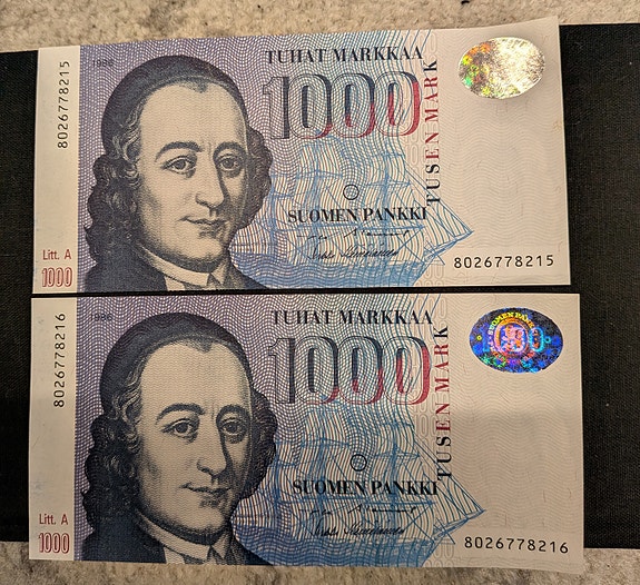 Suomen markka 1000 mk seteliä (2 kpl)