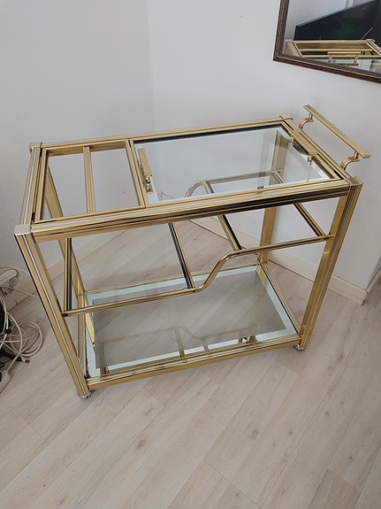 Näyttävä design/retro messinki/lasi tarjoiluvaunu (myös kuljetuksella) Tarjoa!